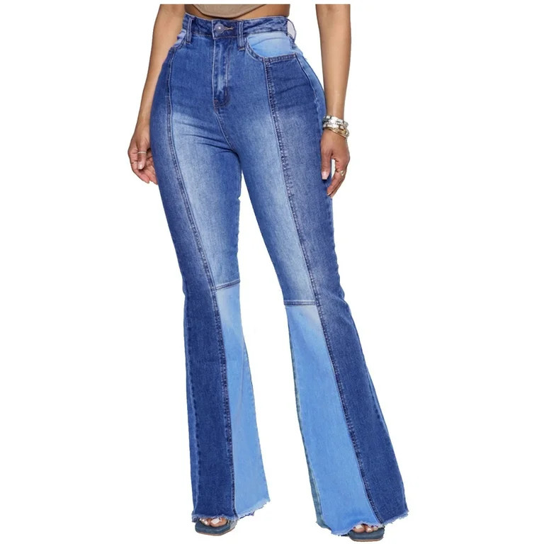 REALiKUN Patchwork Jeans for Women Streetwear Trendy Two Tone Flared Denim Color Block Jeans | Walmart (US)