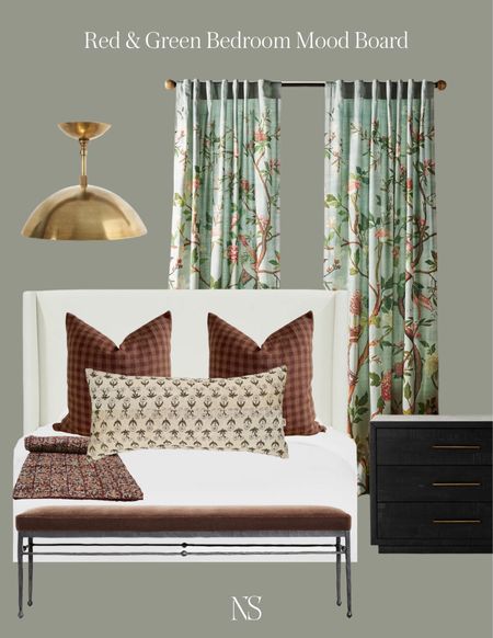 Red and green bedroom mood board // floral patterned curtains / red check pillows // velvet bench // brass flush mount light 

#LTKhome