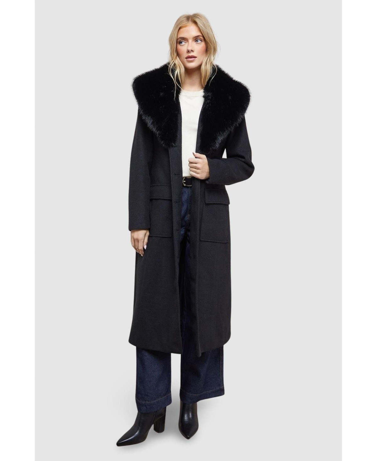 Oasis Women's Faux Fur Collar Belted Coat - Black | Macy's