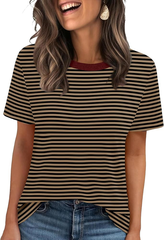 Jescakoo Womens Tops Summer Short Sleeve Ribbed Trim Crewneck T Shirts Spring Vacation Outfits Fa... | Amazon (US)