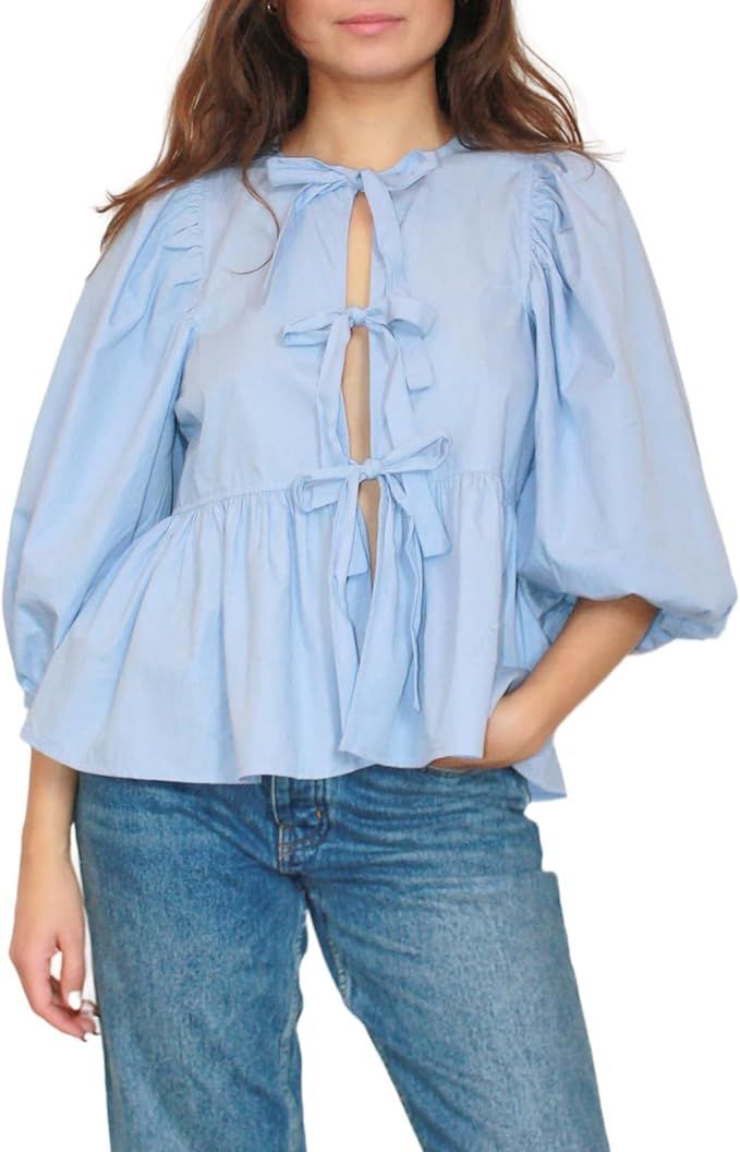 Tie Front Tops for Women Y2k Short Puff Sleeve Blouse Ruffle Hem Peplum Shirt Reversible Babydoll... | Amazon (US)