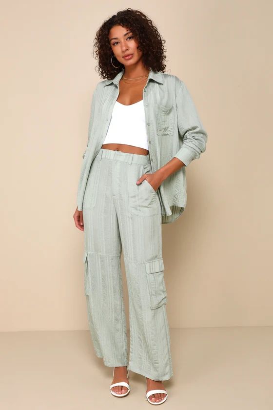 Relaxed Chic Sage Green Striped Textured Cargo Pants | Lulus