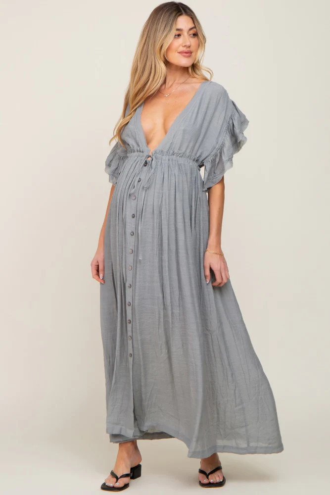 Grey Deep V-Neck Button Down Maternity Maxi Dress | PinkBlush Maternity