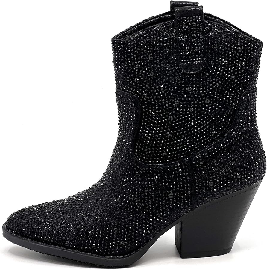Women's Rhinestone Block Heel Mid Calf Short Ankle Booties Knee High Boots | Amazon (US)