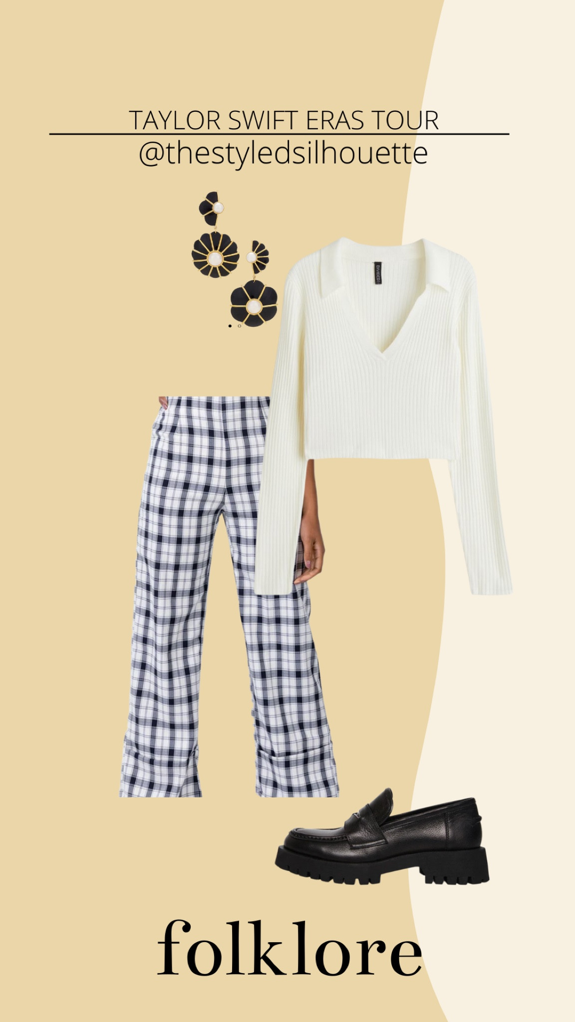 Taylor swift eras tour outfit// folklore// plaid pants// white ribbed collared top// retro earrings//

#LTKSeasonal #LTKsalealert