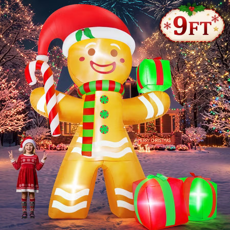 Yexmas 9FT Christmas Inflatable Gingerbread Man with Candy Cane and Gift Boxes, Blow Up Outdoor Yard Decor with Built-In LED Lights for Lawn Garden | Walmart (US)