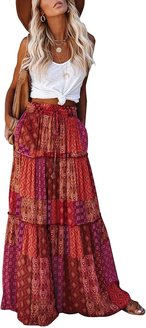 EARKOHA Womens Casual High Waist Tiered Paisley Print Long Maxi Skirt with Pockets | Amazon (US)