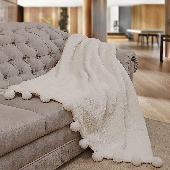 Sherpa Throw Blanket for Couch - 50x60, Ivory White with Pom Poms - Fuzzy, Fluffy, Plush, Soft, C... | Amazon (US)