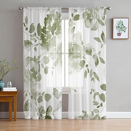 Sheer Window Curtains 108 Inches Long, Floral Green Watercolor Rustic Floral Soft Voile Window Cu... | Amazon (US)