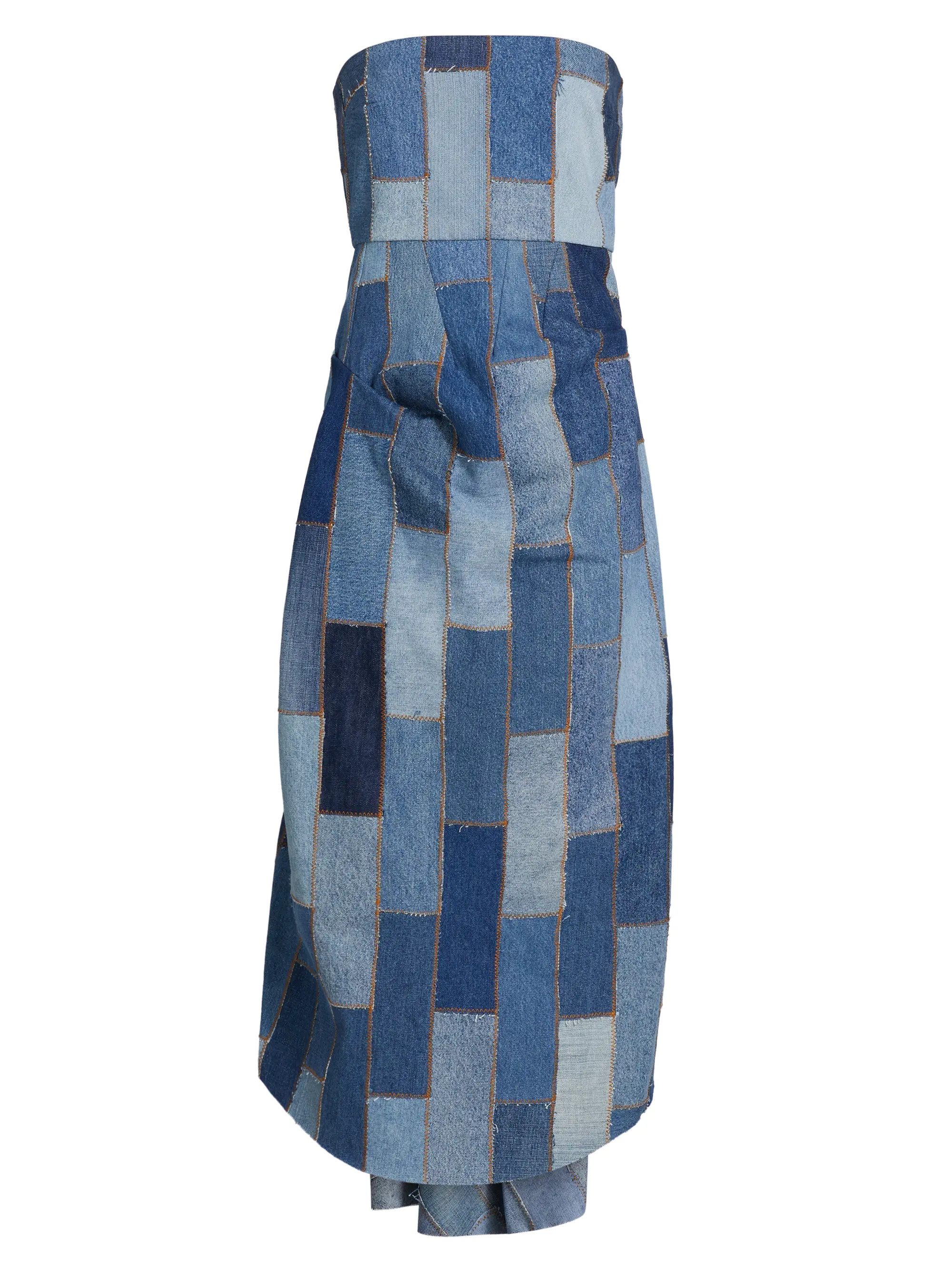 Patchwork Denim Strapless Bustle Dress | Saks Fifth Avenue