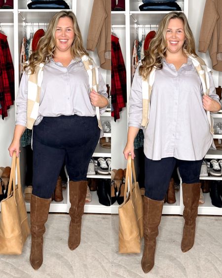Tuck vs. untuck! Here’s how to wear this outfit with or without tucking your shirt - there’s no wrong way! Love this plus size outfit for work, date night, or any casual dressed up occasion!

Able button up - 2x runs true, tunic length ASHLEYHOLIDAY40 gets you 40% off! Quality is 🤌
SPANX faux suede leggings run true to size, 2x, discount code ASHLEYDXSPANX
Dolce vita wide calf heeled boots
Able tote 




#LTKsalealert #LTKmidsize #LTKplussize