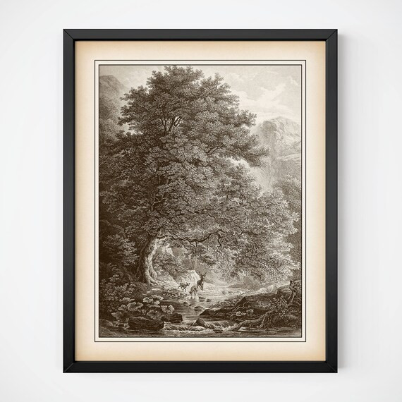 Vintage print, Instant download printable art, 8x10 and 11x14 wall art, Tree print, Deer print, H... | Etsy (US)