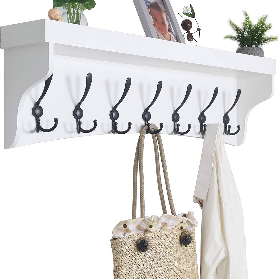 WEBI Coat Rack Wall Mount with Shelf,35" Long White Wall Shelf with Hooks Underneath,Entryway Coa... | Amazon (US)