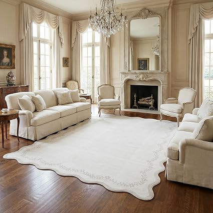 GarveeHome 5x7 Scalloped Area Rug Beige Washable Bedroom Living Room Rug | Soft Floral Low Pile N... | Amazon (US)