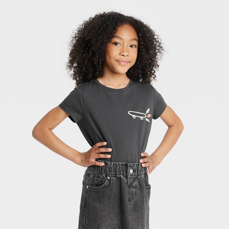Girls' 'Skateboard' Short Sleeve Graphic T-Shirt - Cat & Jack™ Charcoal Gray | Target