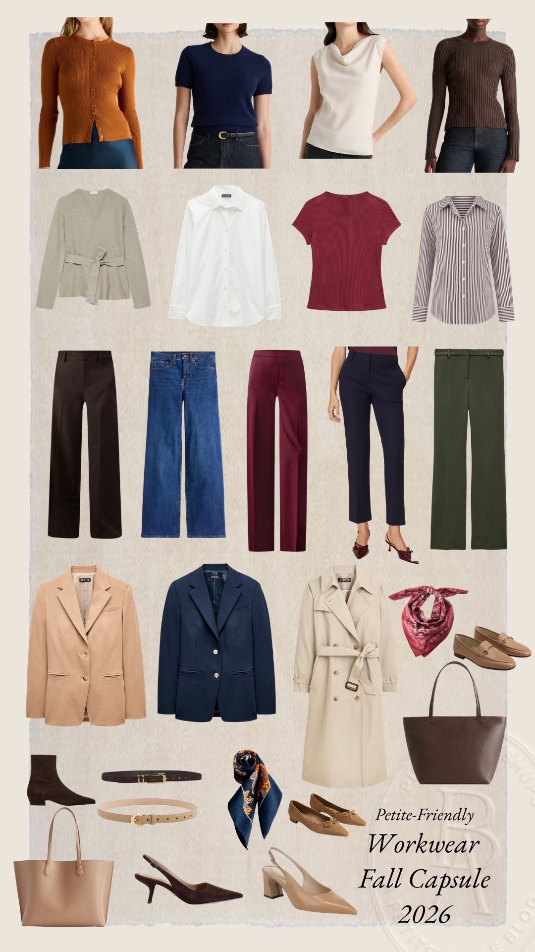 The 2026 Fall Workwear Capsule Wardrobe for petites! 

Orange Cardigan (Quince): xs 
Navy Sweater T-Shirt (Quince): xs 
Ivory Draped Top (Quince): xs 
Brown Ribbed Top (Quince): xs 
Wrap Cardigan (Aritzia): xs
White Button Down (J.Crew): petite 00 
Burgundy Short Sleeve Top (BR Factory): xxs 
Striped Button Down (Ann Taylor): xxs 
Brown Wide Leg Pants (BR Factory): petite 00 (doubleweave is sold out in brown, linking in black, similar option in the Hayden Pants)
Wide Leg Jeans (J.Crew Factory): petite 24 
Burgundy Wide Leg Pants (BR Factory): petite 00 
Navy Slim Pants (Ann Taylor): petite 00 (I’m wearing curvy, but linked both fits)
Olive Cropped Flare Pants (J.Crew): petite 0 
Tan Blazer (J.Crew): petite 00 
Navy Blazer (J.Crew): petite 00 
Trench Coat (J.Crew): petite 00 

For size comparison, I’m 4’10” 105lbs. My measurements are 32”, 24”, 36”. I typically wear petite xxs/00/24 and have a 25” ankle inseam and a 27.5-28” full length inseam.

#LTKPetite
