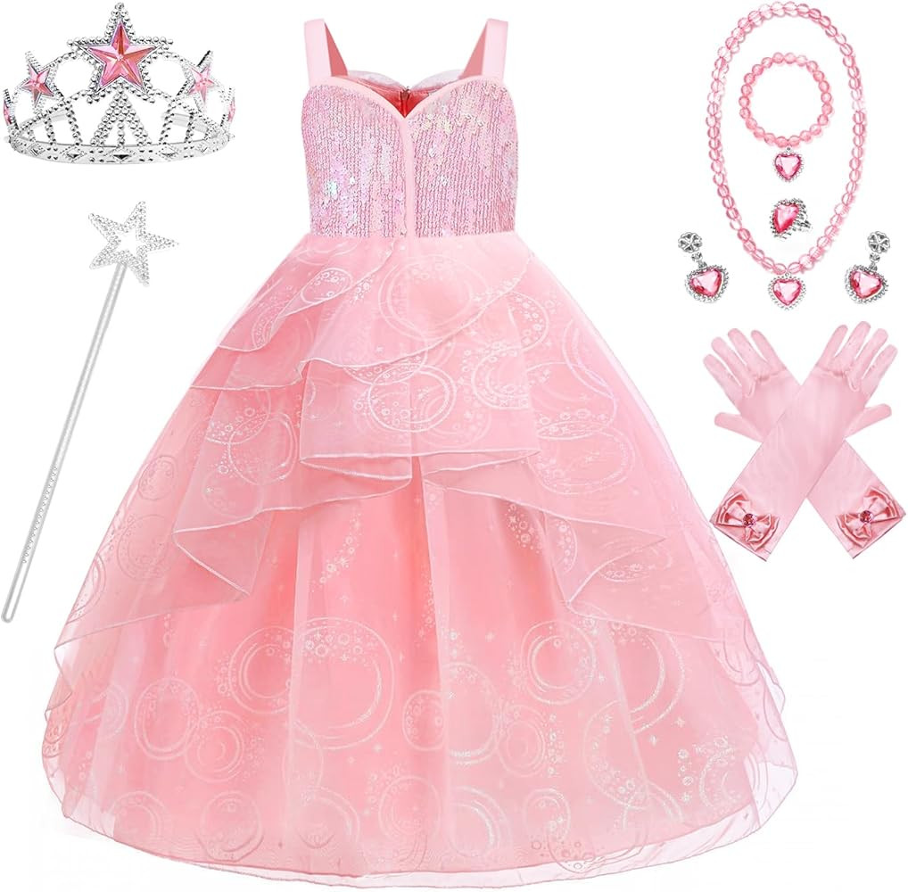 Wicked Glinda Dress Costume for Girls, Pink Tulle and Sequin Witch Dress for Kids Christmas、Hal... | Amazon (US)