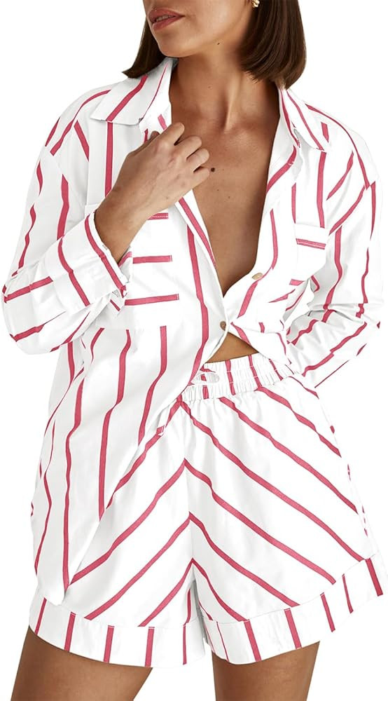 Women's Striped 2 Piece Outfits Casual Button Down Shirts and Shorts Drawstring Pajamas Lounge Ma... | Amazon (US)
