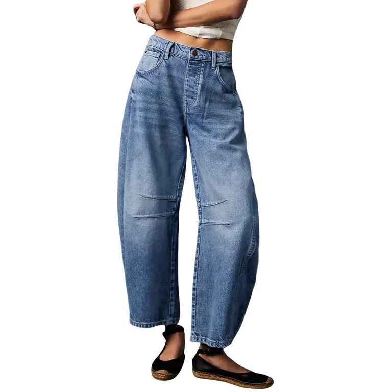 PUWEI Women's Barrel Jeans Loose Mid Rise Vintage Wide Leg Cropped Denim Pants with Pockets | Walmart (US)