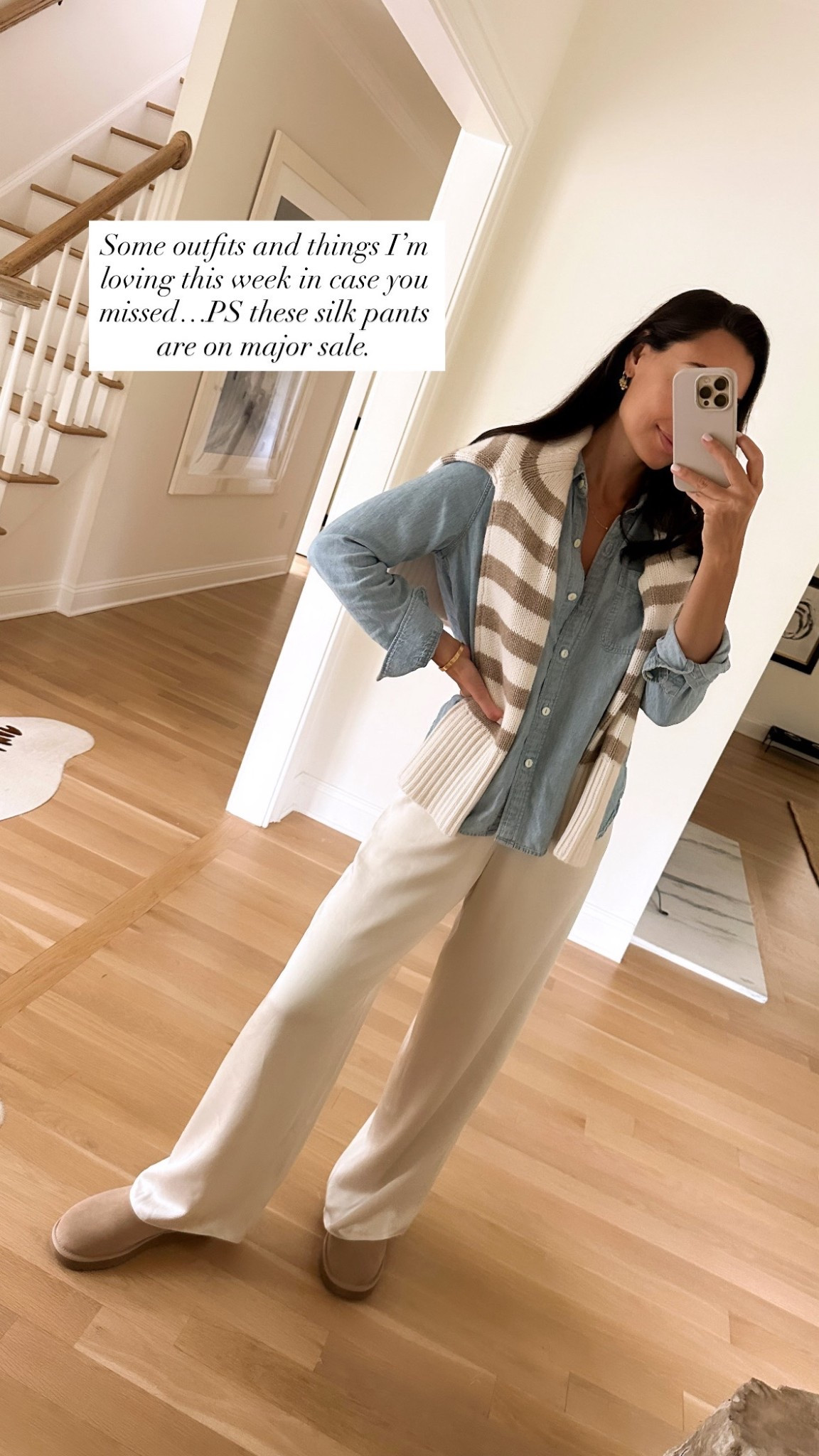Fall fashion, fall outfit, silk pants, ivory pants, chambray button down shirt, stripe sweater, Jenni Kayne. 

#LTKSeasonal #LTKStyleTip #LTKShoeCrush