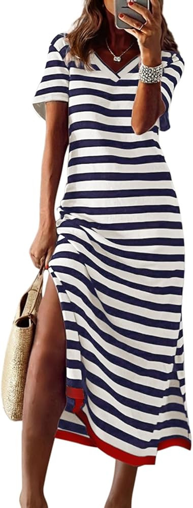 Dokotoo Summer Dress Casual Womens Fashion Short Sleeve Maxi Dress T Shirt Dress Striped Long Col... | Amazon (US)