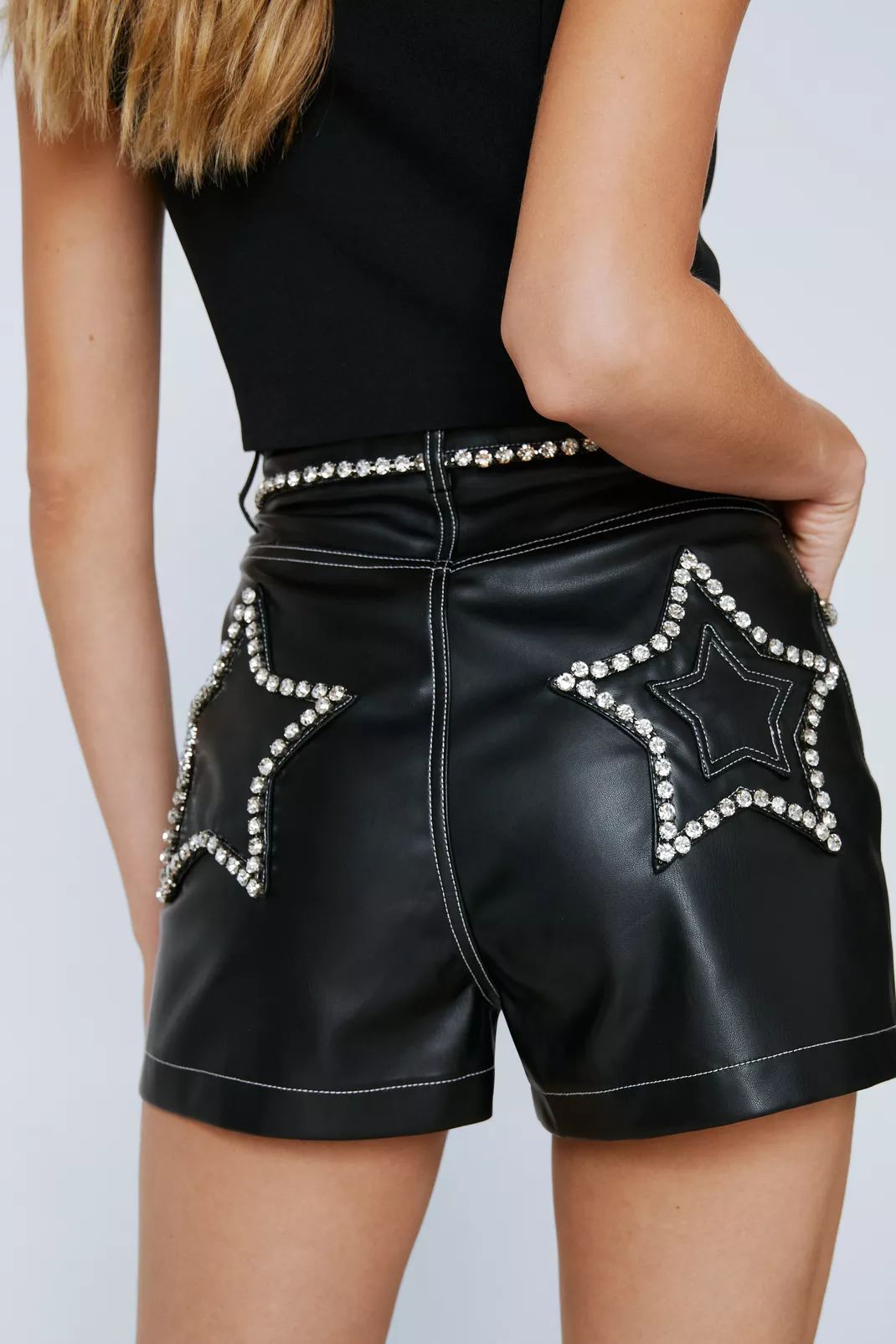 Premium Faux Leather Diamante Star Detail Shorts | Nasty Gal US