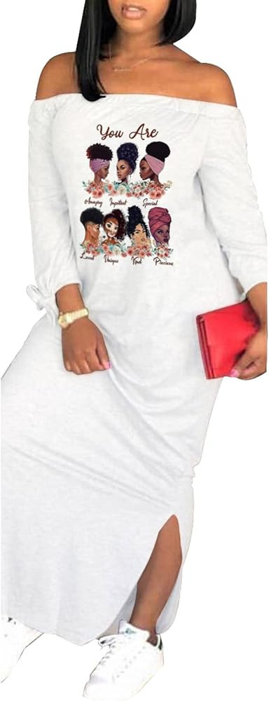 Women's Casual Off Shoulder Maxi Dress - African Print Summer Loose Long Sleeve Tunic T Shirt Dre... | Amazon (US)