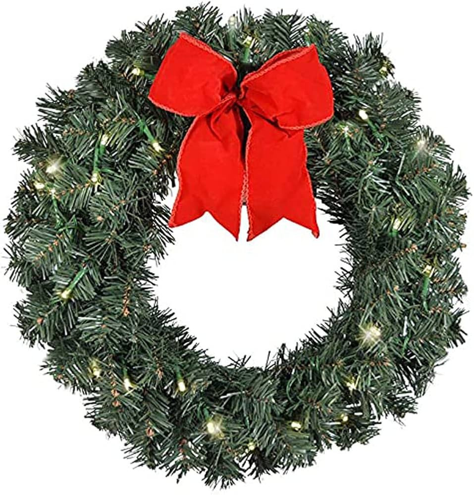 Artificial Pre-Lit Balsam Pine Christmas Wreath with Red Bow, 16 Inches, Battery Operated with Ti... | Amazon (US)