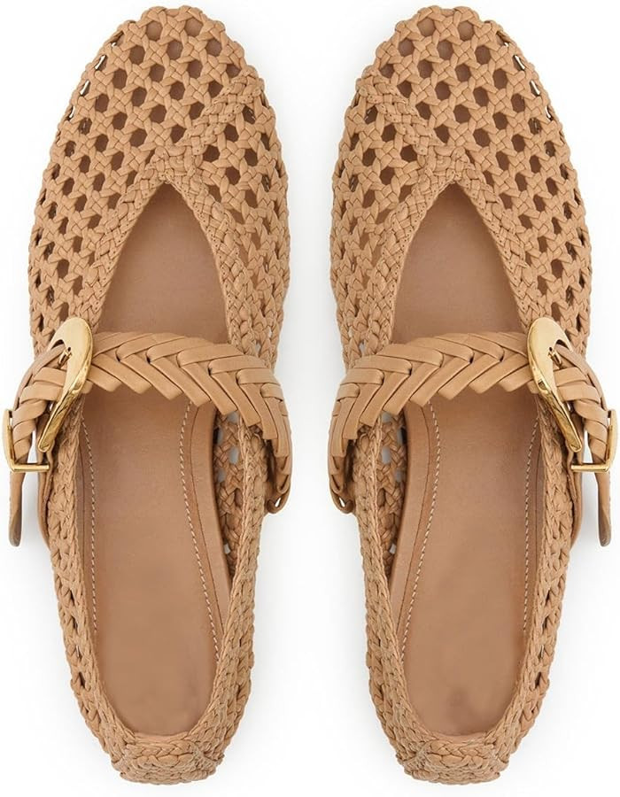 Women's Woven Ballet Flats Round Toe Mesh Mary Jane Flats with Metal Buckle Strap Comfortable Cas... | Amazon (US)