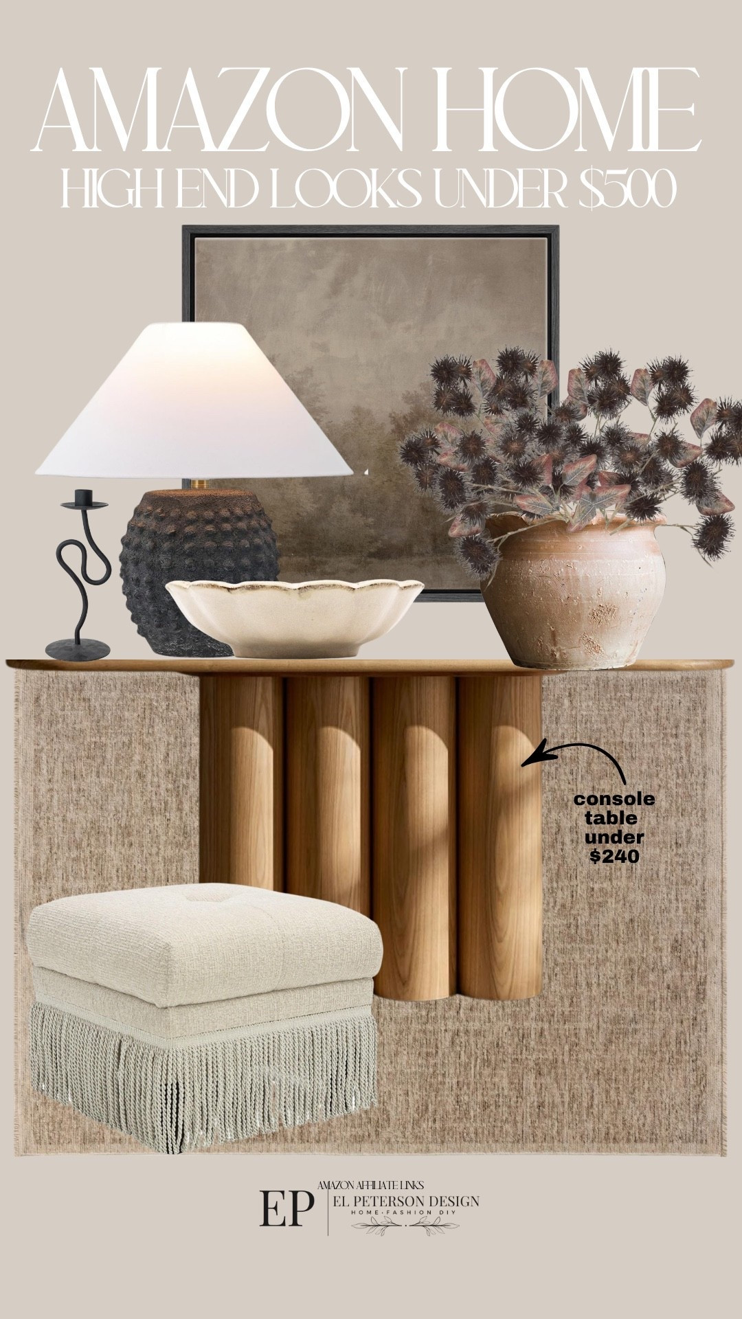 Amazon
Artwork
Table lamp
Candle holder
Vase 
Stems
Console table
Ottoman 
Bowl

#LTKHome