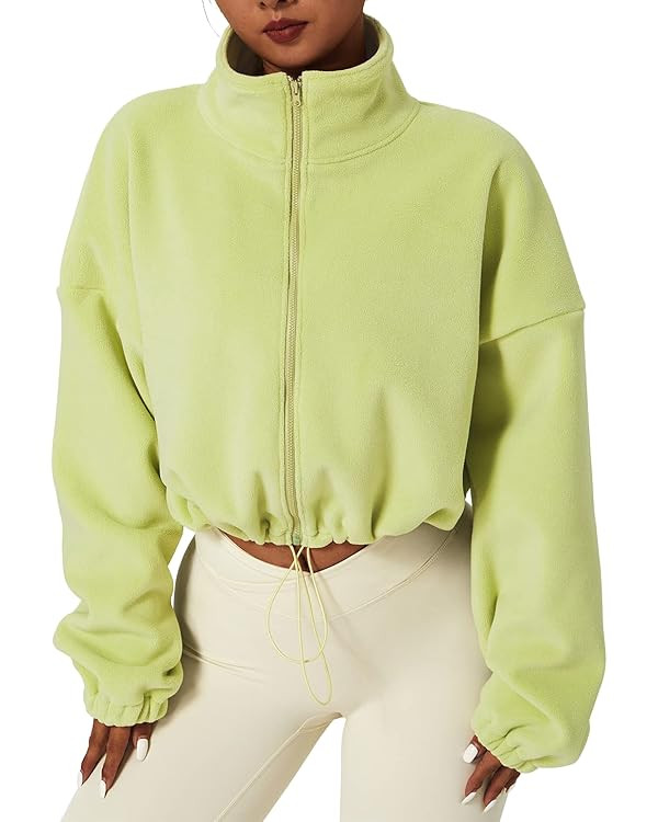QINSEN Women's Full Zip Fleece Short Jacket Warm Winter Long Sleeve Stand Collar Sherpa Crop Coat | Amazon (US)