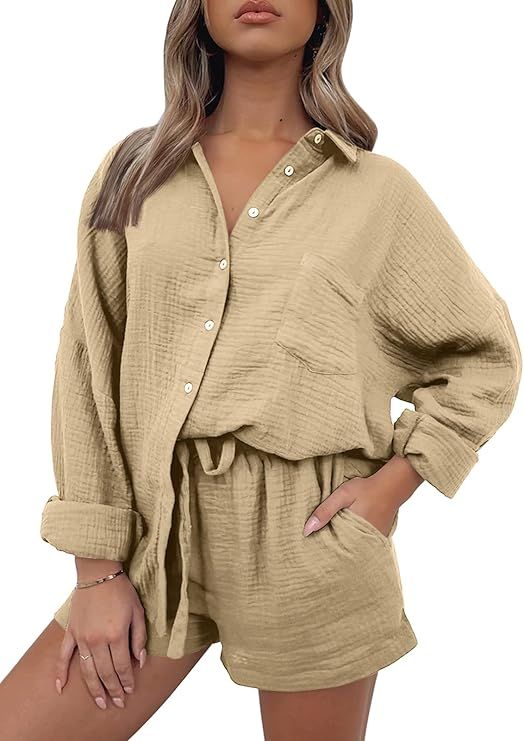 AUTOMET 2 Piece Outfits For Women Lounge Sets Pajama Sets Long Sleeve Button Down Oversized Shirt... | Amazon (US)