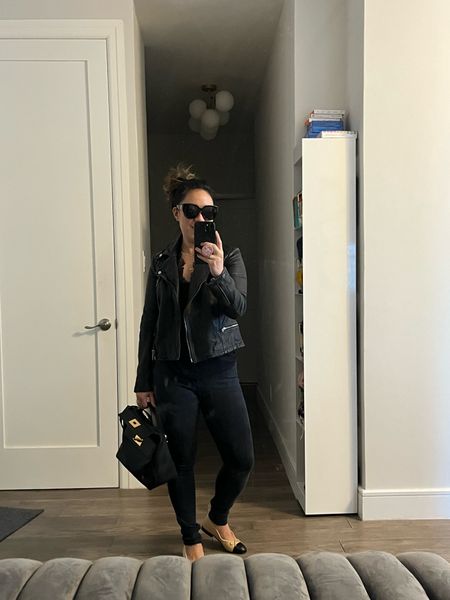 Layering up. Ready for spring. I love a leather jacket for spring. Did you know leather jackets are supposed to fit a little stiff and tight when you first buy them? As you wear a leather jacket, the leather will stretch and mold to your body for the perfect fit. I paired this look with a ballet flat. Classic. 

#LTKover40 #LTKtravel #LTKworkwear