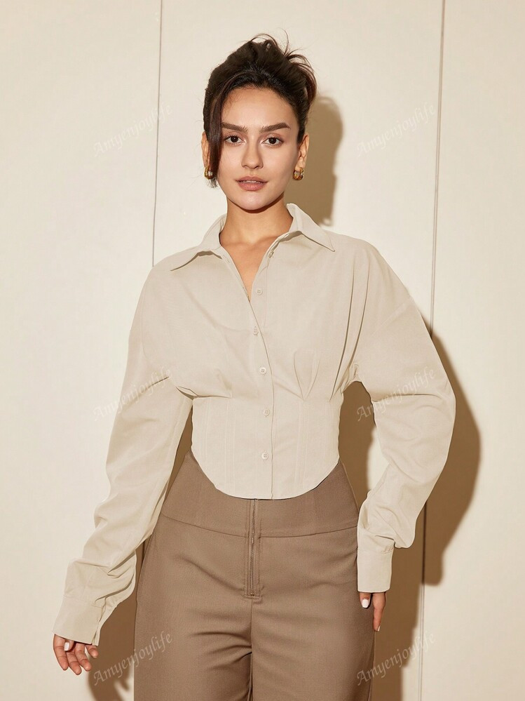 Women Long Sleeve Solid Color Waist Cinched Elegant Casual Shirt Blouse, Spring/Autumn Daily Wear... | SHEIN