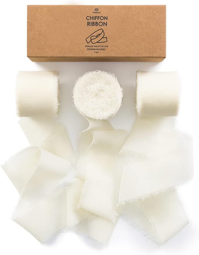 Vitalizart 3 Rolls Handmade Fringe Chiffon Silk Ribbon 1.5" x 7Yd Cream White Ribbons Set for Gif... | Amazon (US)