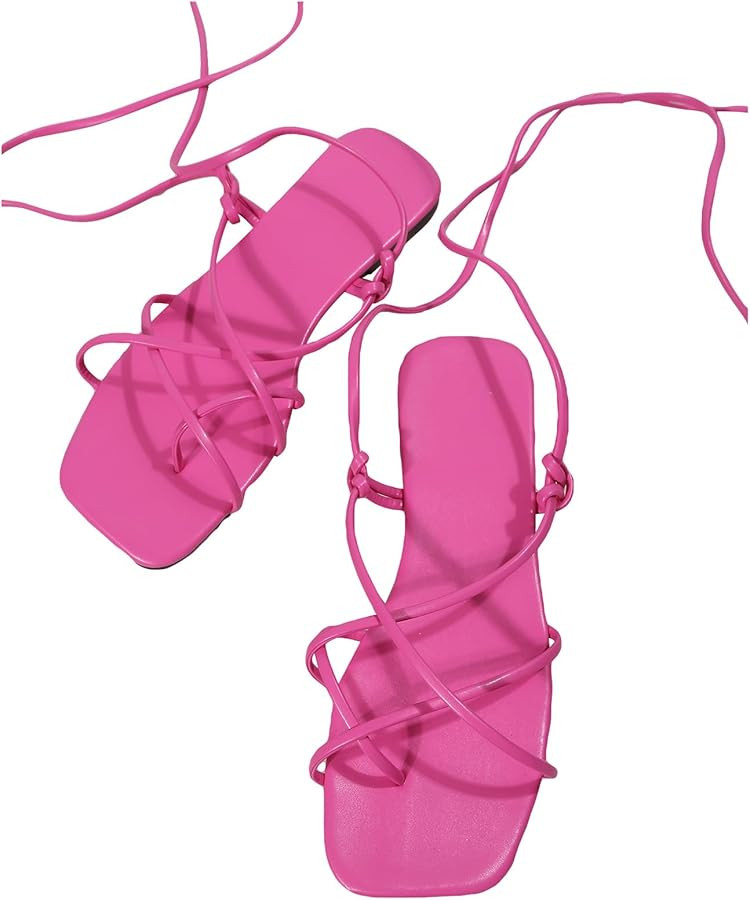 GORGLITTER Women's Lace Up Strappy Toe Ring Flat Sandals Tie Leg Leather Sandals | Amazon (US)