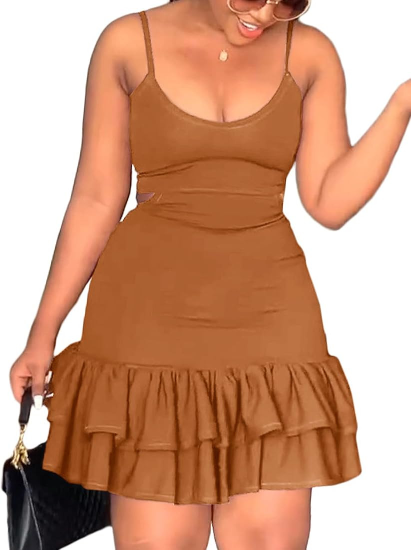 Rooscier Women's Spaghetti Straps Sleeveless Cutout Ruffle Hem Bodycon Mini Dress | Amazon (US)