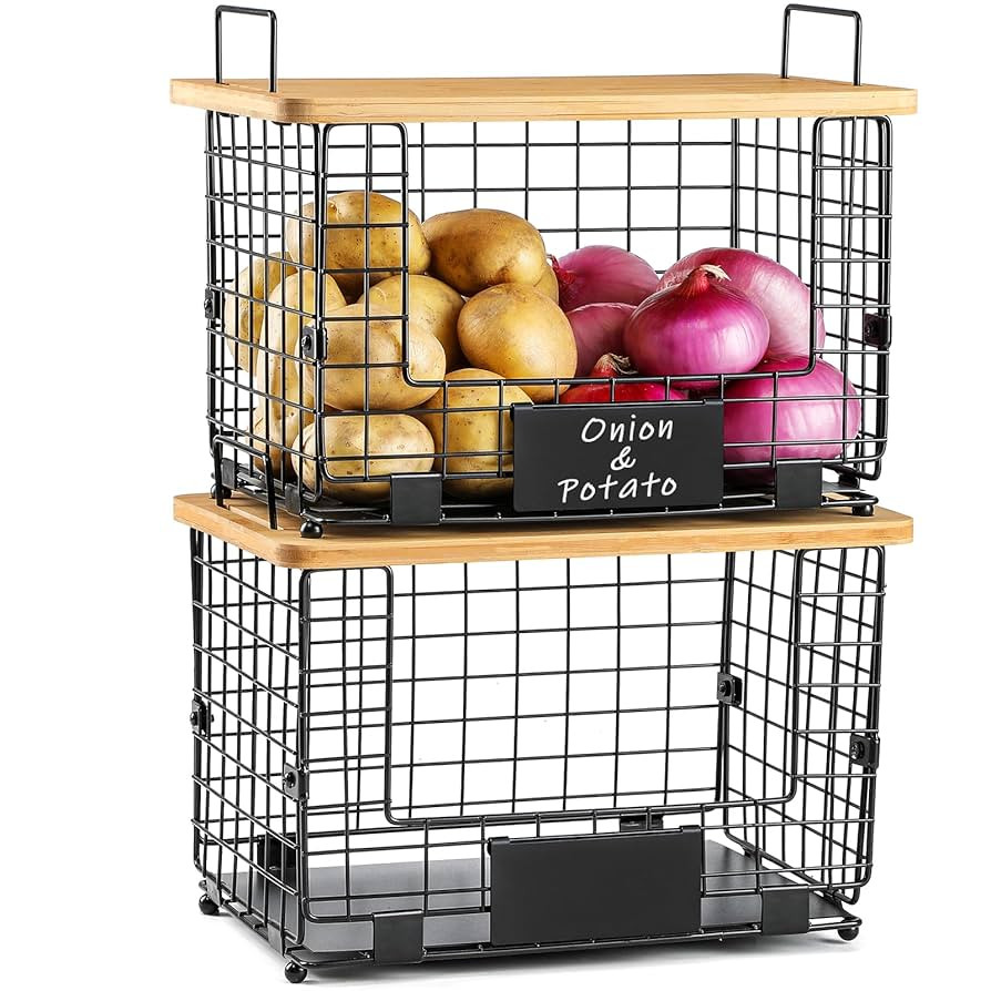 2 Set XL Stackable Wire Basket with Bamboo Tops & Tags- Pantry Organizer and Storage Bins, Kitche... | Amazon (US)