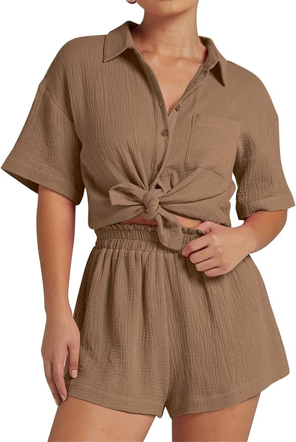 Flygo Women's Casual 2 Piece Outfits Button Down Shirt Top Paper Bag Shorts Cotton Linen Sets | Amazon (US)