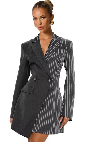 Grey Womens Blazer Dress Dressy Striped Long Sleeve Mini Dress Notch Lapel Business Casual Work Dresses for Women Size Small | Amazon (US)