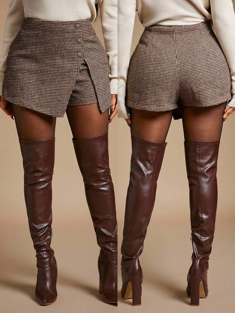 Radiana Vintage Unique Brown Houndstooth Woolen Fabric High Waist Shorts/Mini Skirt, Maillard Color, Business Casual Bottoms Suitable For Leisure, Commute, Office, Party, Autumn/Winter Brown Shorts Women Leather Shorts Women | SHEIN