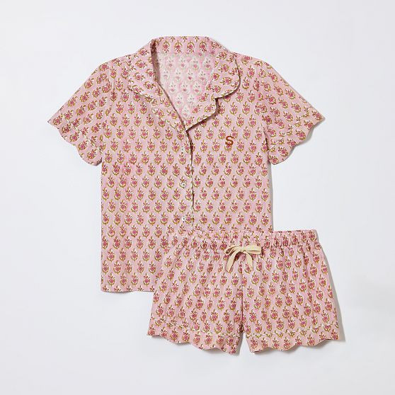 Block Print Short Pajama Set, Small, Pink Flower | Mark and Graham