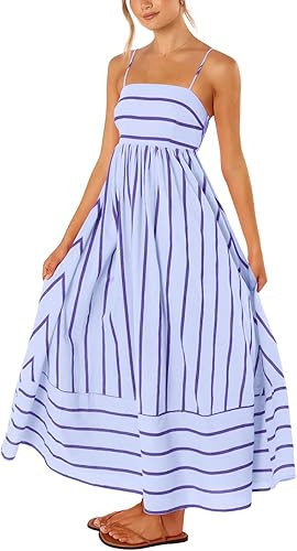 utcoco Womens Summer Striped Back Smocked Maxi Sundresses Spaghetti Strap Cut Out Flowy Swing A L... | Amazon (US)