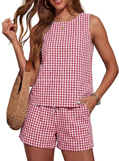LOMON Women's Trendy 2 Piece Outfits Shorts Sets Summer Crew Neck Sleeveless Tank Top and Bottom ... | Amazon (US)