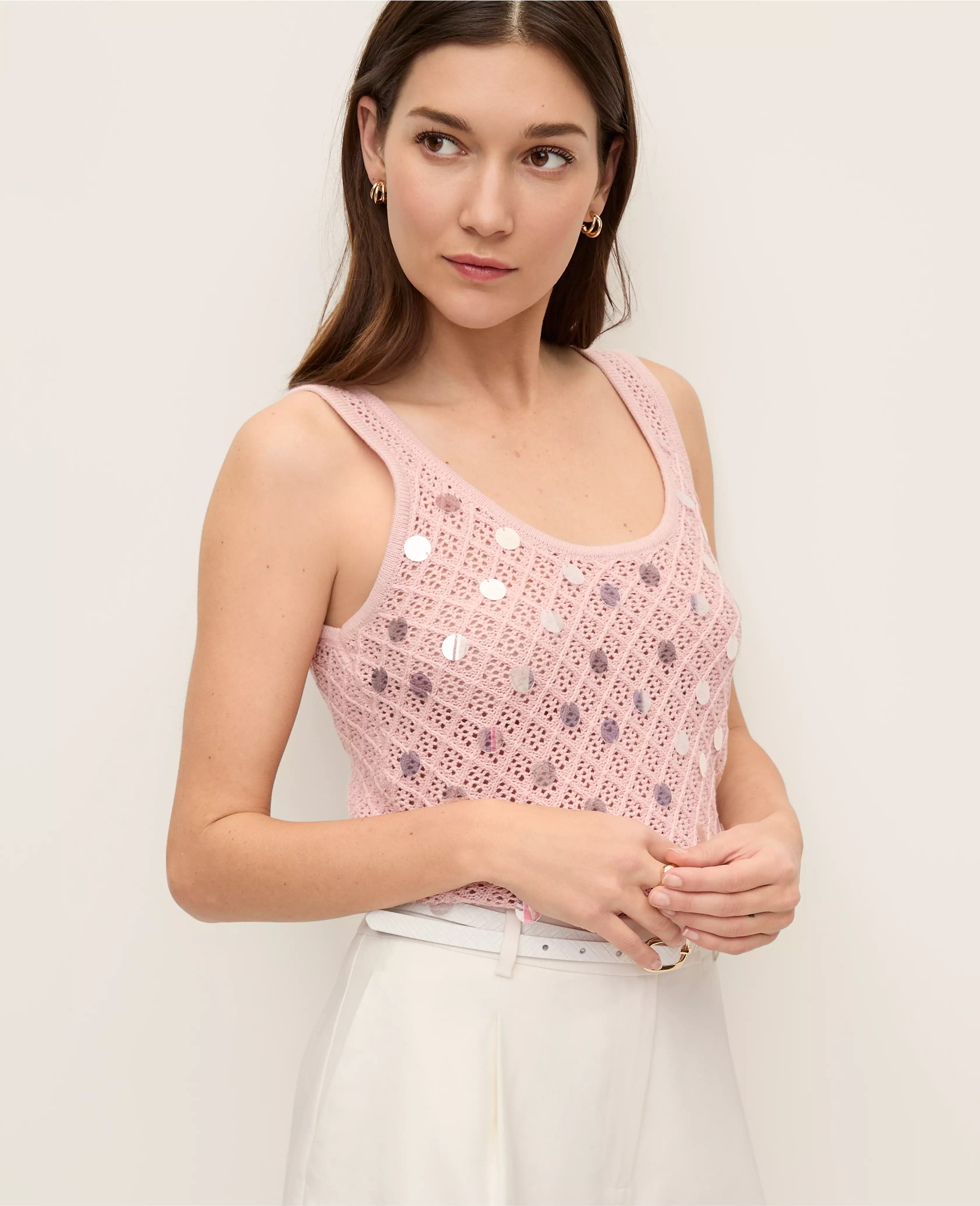 Petite Sequin Pointelle Sweater Tank Top | Ann Taylor