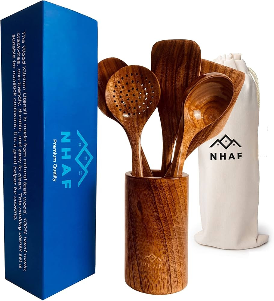 Premium Teak Healthy Spoons, Durable Eco-friendly Spatula, Wooden Utensils for Cooking set with H... | Amazon (US)