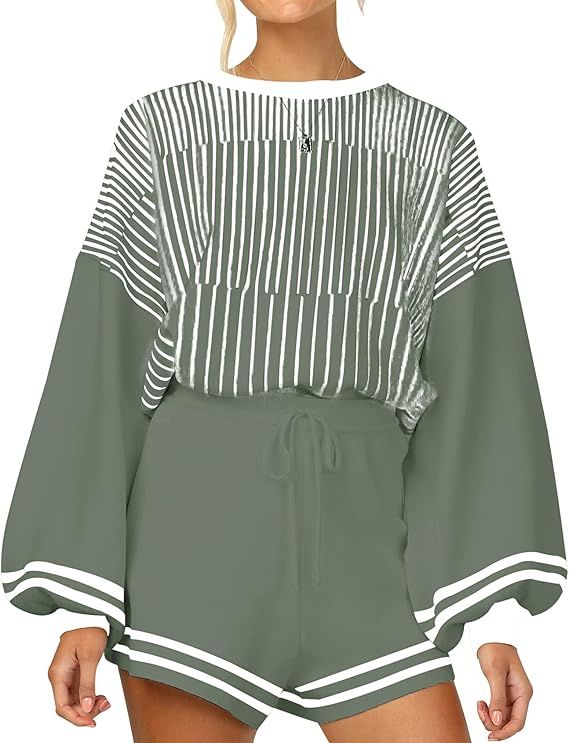 Gihuo Women' s Striped 2 Piece Outfits Crewneck Knit Pullover Sweater Shorts Set Wide Leg Matchin... | Amazon (US)