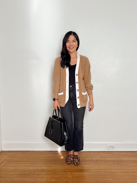 Fall casual outfit, LOFT, transitional outfit, teacher outfit idea, business casual work outfit: camel cardigan (XS), tan cardigan, white trim cardigan, black seamless tank top (XS), faded black jeans (27P), high waisted kick crop jeans, brown tote bag with zipper, leopard mule loafers (TTS), similar structured black tote.

#LTKSeasonal #LTKworkwear #LTKunder50