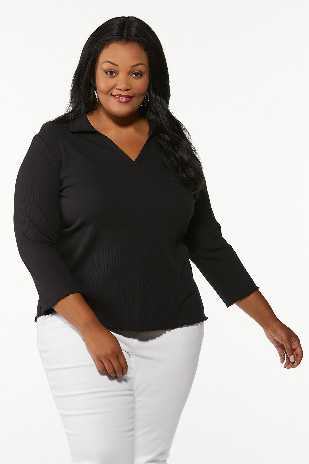 Plus Size Ribbed Collar Top | Cato Fashions