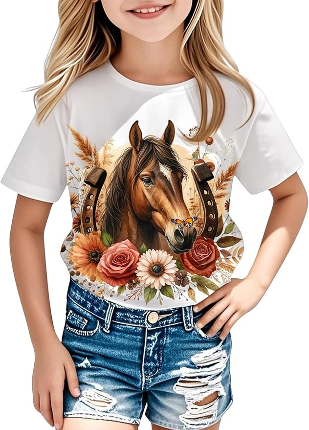 Girls Western Horse T-Shirts - Cute Cowgirl Outfit Kids Short Sleeve Shirts Funny Tops Rodeo Todd... | Amazon (US)